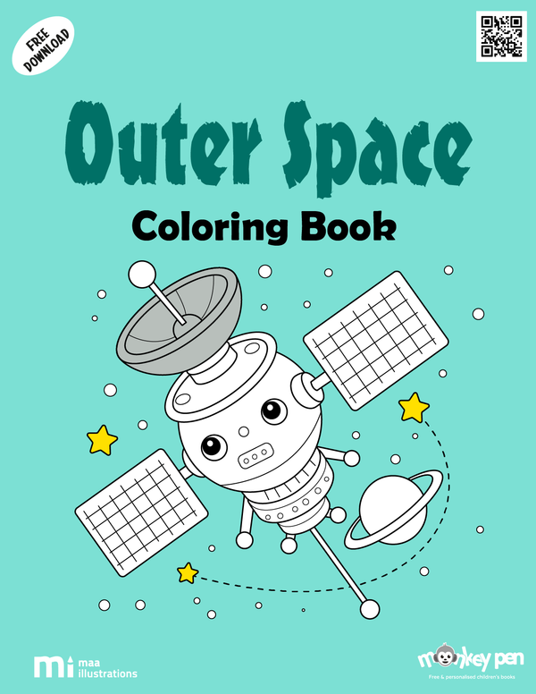 Outer space colouring book for kids with astronauts, rockets, planets, stars, and galaxies, a space adventure-themed PDF.