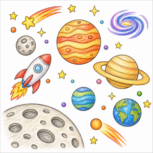 Easy outer space drawing for children to color and learn