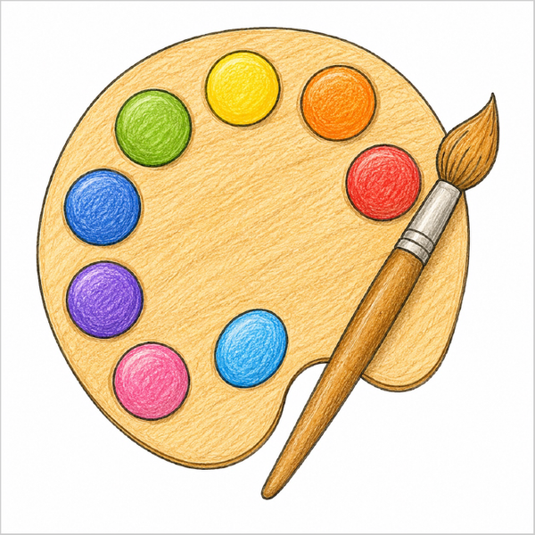 Step-by-step paint palette drawing tutorial for kids showing how to draw an artist’s paint palette with simple shapes, paint spots, and a thumb hole.