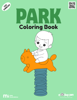 Park coloring book for children featuring playgrounds, trees, flowers, and families enjoying outdoor activities, a nature-inspired PDF.