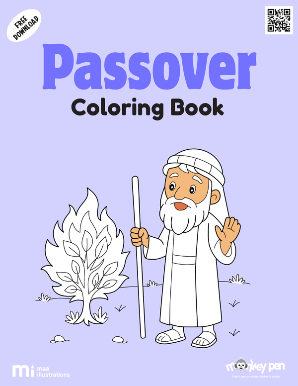 Passover coloring book for kids featuring Seder plates, matzah, candles, and family scenes, a cultural holiday-themed PDF activity.