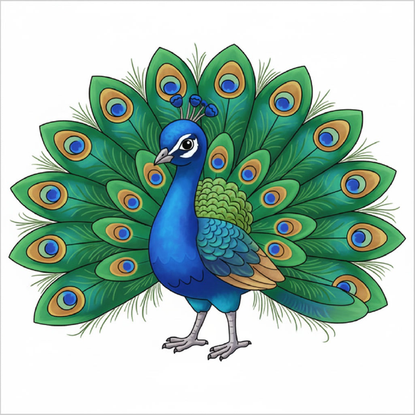 Easy peacock drawing for kids step by step, simple peacock sketch tutorial, printable PDF worksheet bird drawing guide