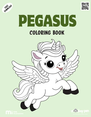 Colouring book of a winged horse flying through clouds, designed for young artists interested in fantasy and mythology.

