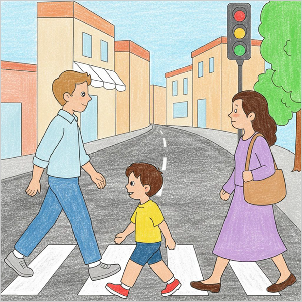 Easy street scene with people walking drawing.