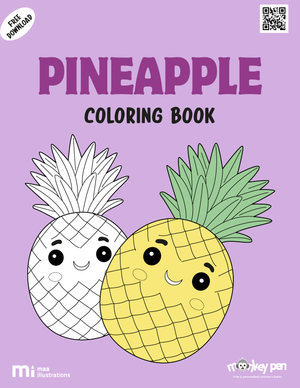 Printable colouring book of a pineapple with tropical leaves, suitable for educational or recreational use in tropical or summer themes.