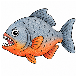 Step-by-step piranha drawing tutorial for kids showing how to draw a piranha with simple shapes, fins, a detailed tail, and sharp teeth.