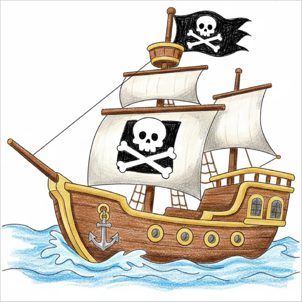 How to draw a pirate ship step-by-step for kids in a simple ship drawing tutorial using basic shapes and lines.