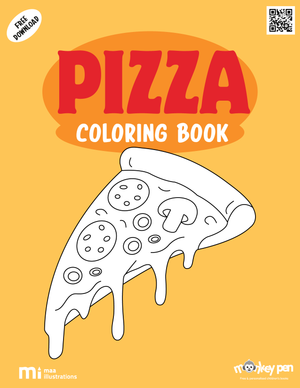 Free printable pizza colouring book for kids showing a slice of pizza, chef baking pizza, toppings, perfect for food-themed educational or recreational activities.