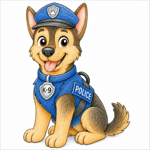 Easy police dog drawing guide showing how basic shapes gradually become a complete working dog illustration.