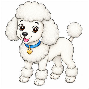 Completed poodle drawing ready to colour and decorate.