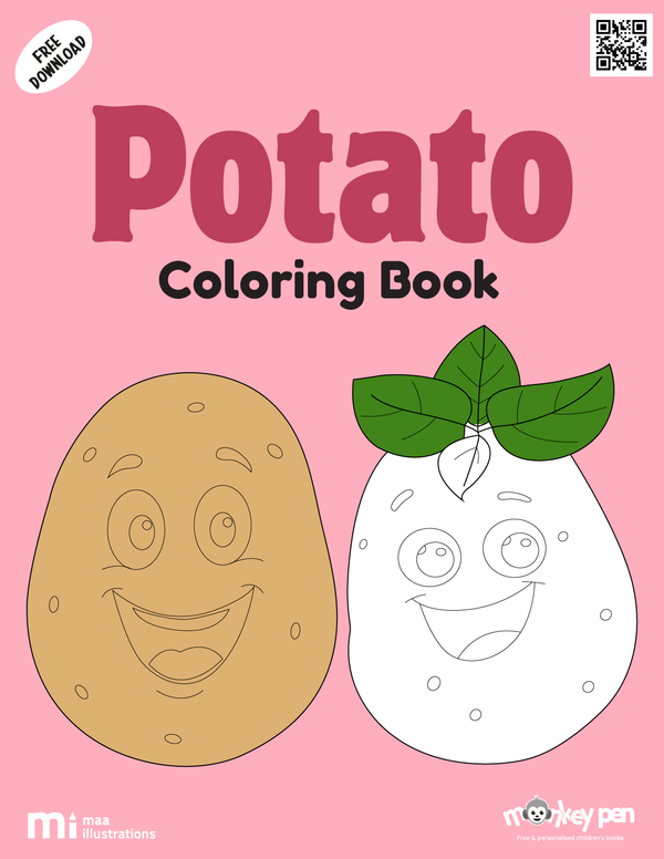 Potato coloring book for children showing potatoes in soil, harvesting, and dishes, a farm-inspired educational PDF.