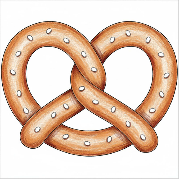 How to draw a pretzel step-by-step for kids in a simple food drawing tutorial using basic shapes and lines.