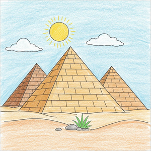 Learn how to draw a pyramid with easy step-by-step landmark drawing lessons for beginners and kids.