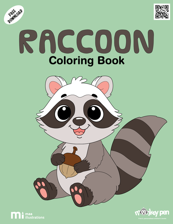 Raccoon colouring page for children with distinctive striped tail and expressive eyes – suitable for educational and leisure activities.
