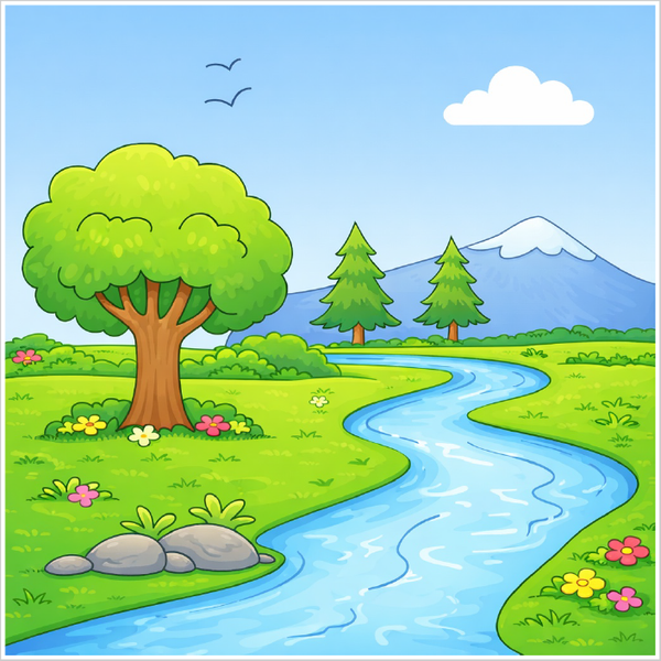 How to draw a river scenery step by step for kids, easy nature landscape drawing tutorial, simple river sketch guide for beginners