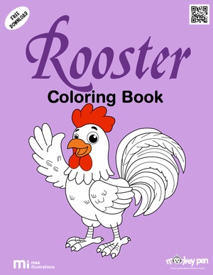 Rooster colouring book for children with farmyard scenes, including roosters, fences, barns, and butterflies, suitable for educational and recreational use.
