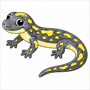 Step-by-step salamander drawing tutorial for kids showing how to draw a salamander with simple shapes, a long body, short legs, and a detailed tail.