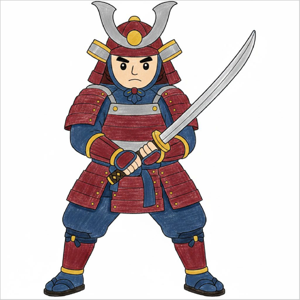How to draw a samurai step-by-step for kids in an easy warrior drawing tutorial using simple shapes and lines.