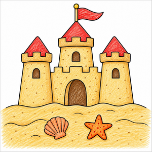 How to draw a sandcastle step-by-step with easy drawing instructions for kids, showing the final sandcastle drawing.