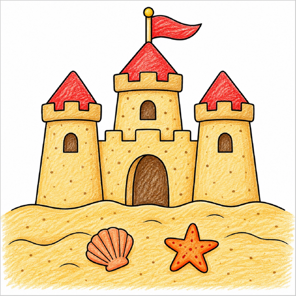 How to draw a sandcastle step-by-step with easy drawing instructions for kids, showing the final sandcastle drawing.