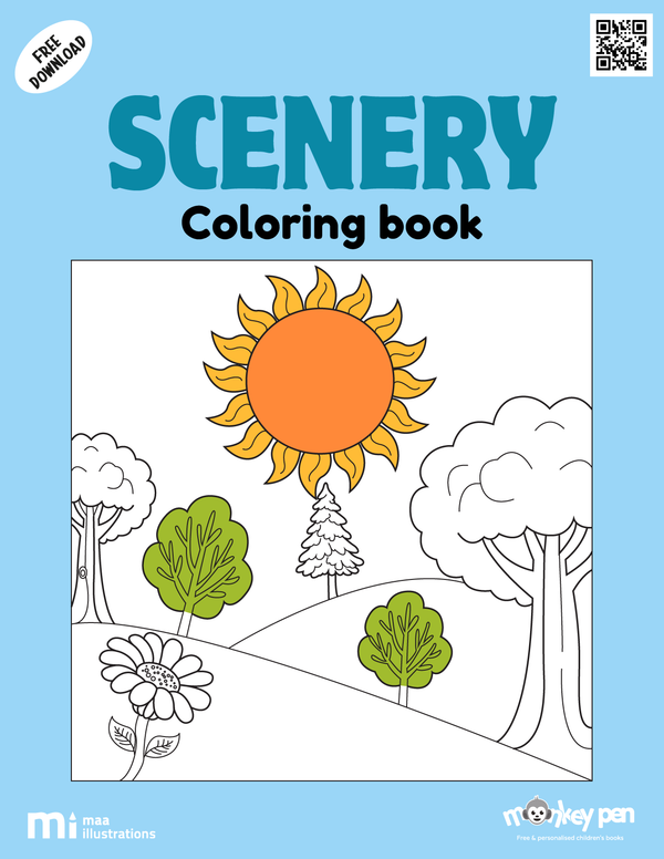 Scenery coloring book for children with mountains, rivers, forests, beaches, and villages, an inspiring nature-themed PDF.