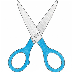 Step-by-step scissors drawing tutorial for kids showing how to draw scissors easily with simple shapes and lines.