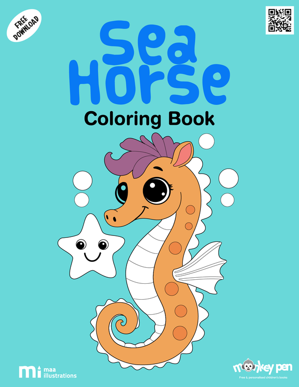 Sea horse colouring page for kids featuring a curly-tailed sea creature amidst an ocean scene, designed for educational and recreational use.
