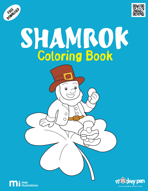Free printable shamrock colouring book for kids featuring a lucky clover with rainbow, a fun PDF activity for St. Patrick’s Day.