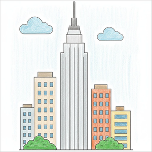 How to draw a skyscraper step-by-step for kids in an easy building drawing tutorial using simple shapes and lines.