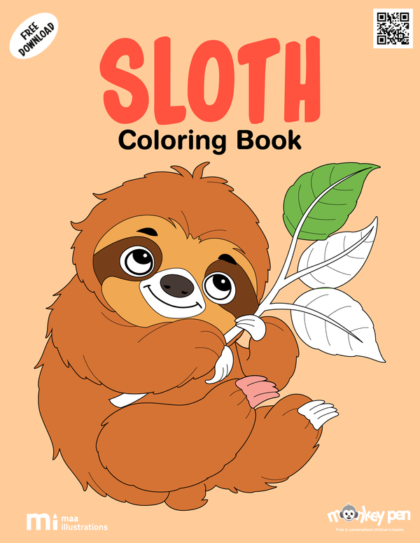 Printable sloth colouring page showing a cute sloth hanging on a branch, perfect for educational and relaxation purposes.
