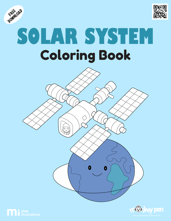 Solar system coloring book for kids featuring planets, astronauts, rockets, and stars, a cosmic science activity PDF.