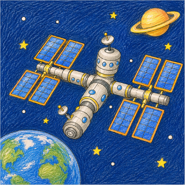 Cute space station illustration for children