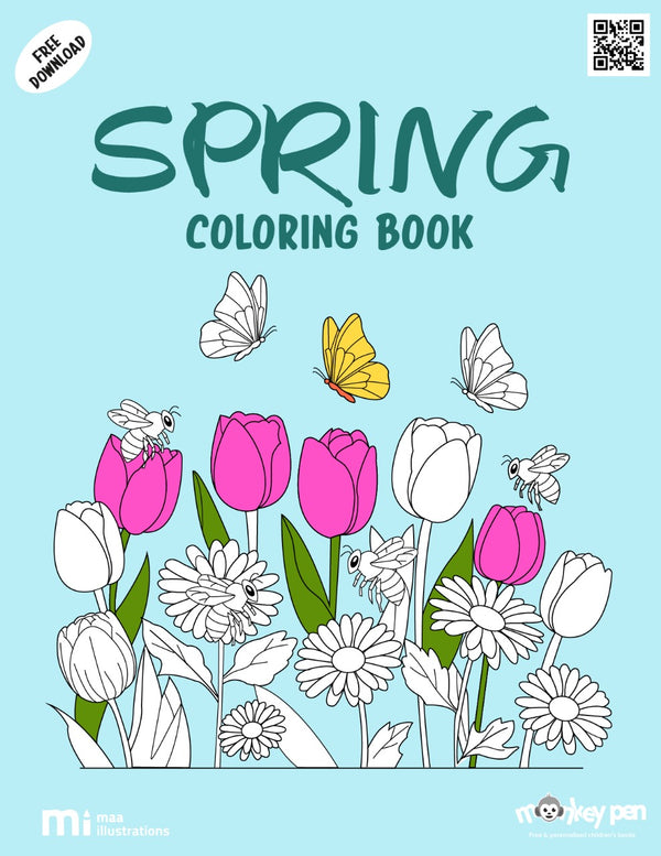 Spring colouring page for children – printable scene with flowers and bees, encouraging nature appreciation and creativity.