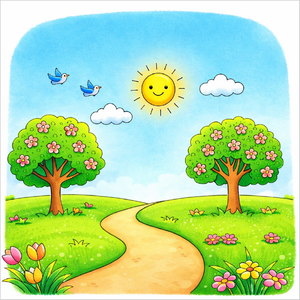 How to draw spring scenery step by step for kids, easy nature landscape drawing tutorial, simple spring season sketch guide for beginners