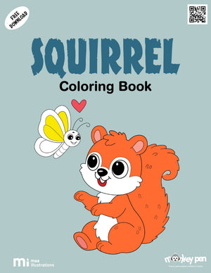 Free printable squirrel colouring page for kids showing a cute squirrel holding an acorn on a tree branch, a fun and educational forest animal activity in PDF format.