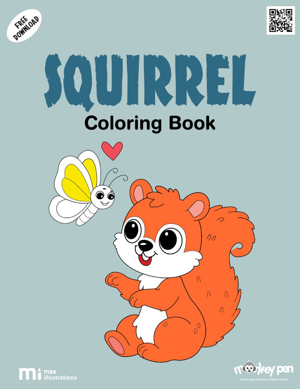 Free printable squirrel colouring page for kids showing a cute squirrel holding an acorn on a tree branch, a fun and educational forest animal activity in PDF format.