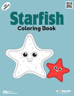 Starfish coloring book for kids featuring starfish on the ocean floor with shells and coral, a marine-themed PDF activity.
