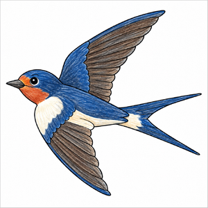 Step-by-step swallow bird drawing tutorial for kids showing how to draw a swallow with simple shapes, pointed wings, a forked tail, and detailed feathers.