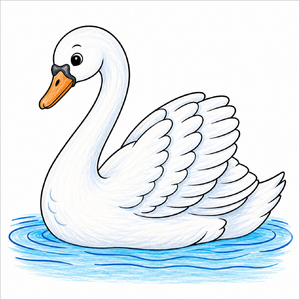 Step-by-step swan drawing tutorial for kids showing how to draw a swan with simple shapes, a long curved neck, graceful wings, and detailed feathers.