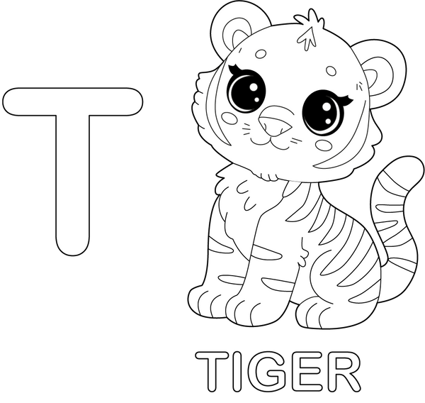 T for Tiger coloring page – printable animal drawing for children