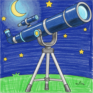 Easy telescope drawing activity showing how to create a detailed scientific instrument from scratch.