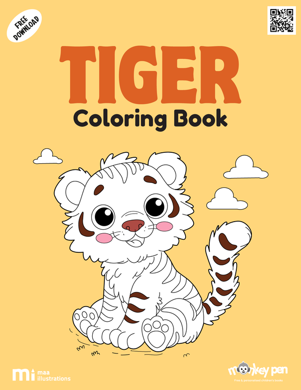 Tiger coloring book for kids featuring striped tigers in jungle settings, a wildlife-themed PDF activity.
