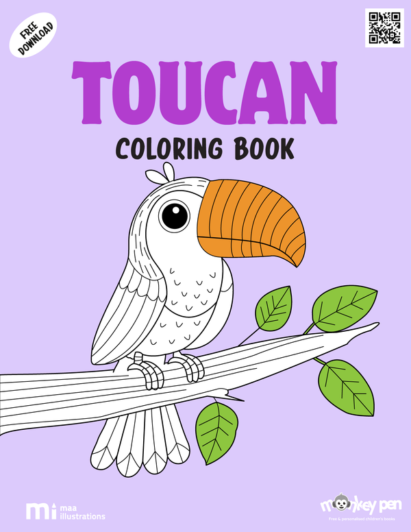Colorful toucan colouring book for kids with tropical birds, lush leaves, and jungle scenery, a rainforest-themed PDF activity.