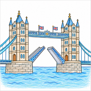 Step-by-step Tower Bridge drawing tutorial for kids showing how to draw Tower Bridge with simple shapes, two towers, suspension elements, and detailed architectural features.