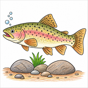 Step-by-step trout fish drawing tutorial for kids showing how to draw a trout with simple shapes, fins, a detailed tail, and distinctive fish markings.