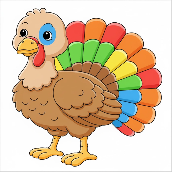 How to draw a turkey bird step by step for kids, easy Thanksgiving turkey drawing tutorial, printable worksheet sketch guide