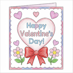Step-by-step Valentine card drawing tutorial for kids showing how to draw a Valentine greeting card with simple shapes and easy lines.