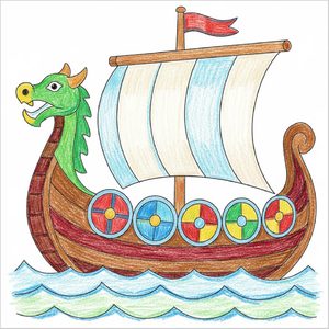 Step-by-step Viking ship drawing tutorial for kids showing how to draw a Viking ship with simple shapes and easy lines.