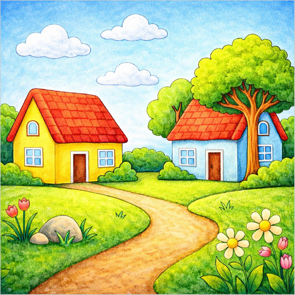 How to Draw a Village Scenery – Easy Countryside Drawing for Kids