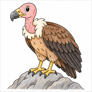 Step-by-step vulture drawing tutorial for kids showing how to draw a vulture with simple shapes, broad wings, a hooked beak, and detailed feathers.